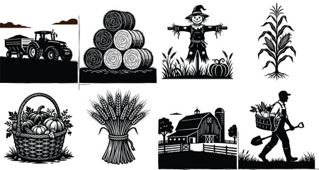 Autumn harvest silhouettes and vector illustrations set featuring farm tractor, round hay bales, scarecrow, corn stalk, pumpkin basket, wheat sheaf, barn landscape, and farmer walking with shovel. © SHEMA