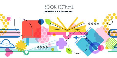 Obraz premium Book festival banner poster. Vector seamless horizontal background with open books, leaves, colorful geometric shapes