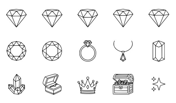Black and white precious gemstone outline icon collection vector isolated on white background