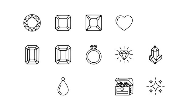 Black and white diamond and gemstone line icon vector set with luxury jewel symbols isolated on white