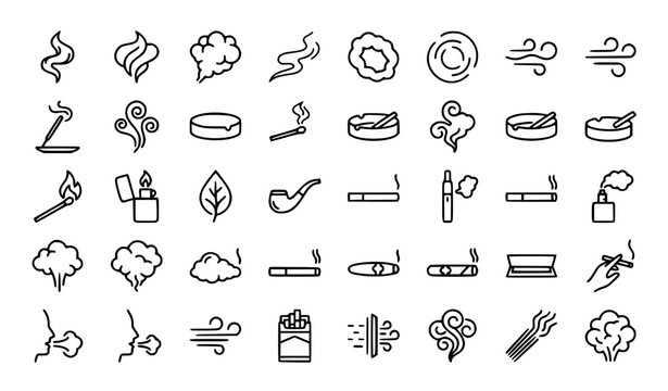 Smoking, vape, tobacco, smoke and incense line icons set