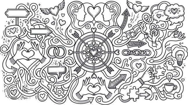 Love and relationship concept hand-drawn doodle illustration with hearts and connection symbols puzzle piece relationship connection romantic communication illustration together affinity