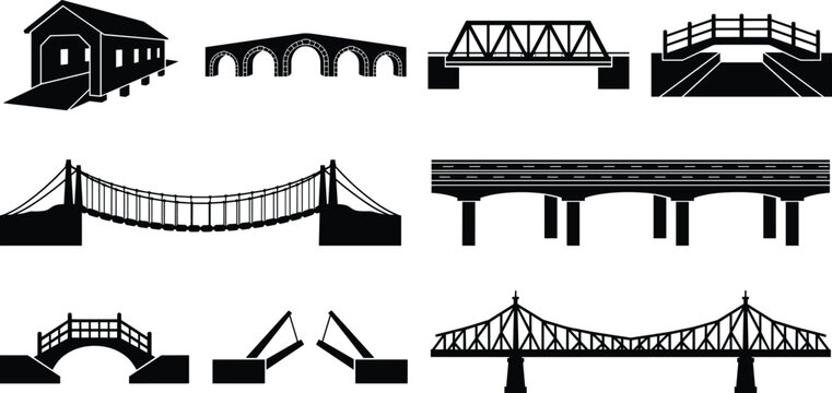 Bridge Structure Silhouette Collection Featuring Historic and Modern Transportation Crossings