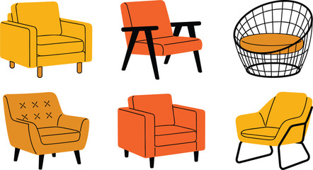 Mid Century Modern Armchair and Lounge Chair Vector Set Collection Featuring Cozy Retro Single Sofas in Orange and Yellow Isolated © MdSaddam
