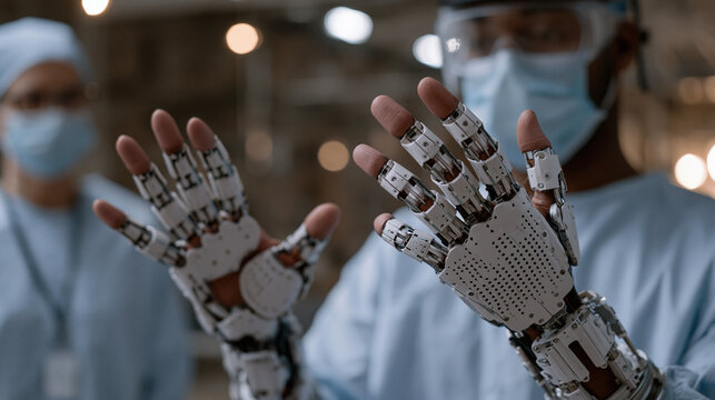 Surgical resident in haptic surgical training simulation gloves performing a virtual laparoscopic procedure inside a dim hospital simulation center, fingertips responding to