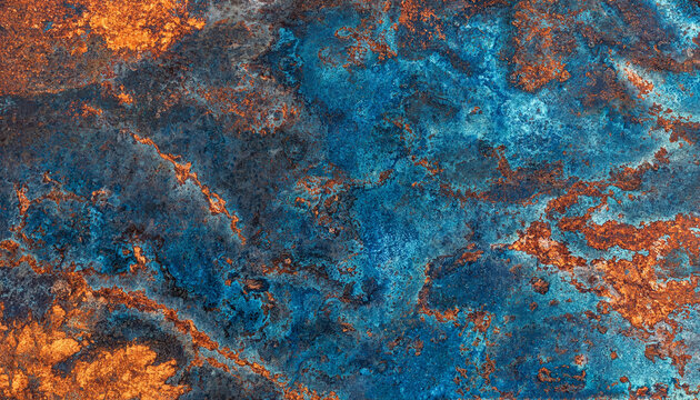 Macro background of weathered copper metal texture with blue oxidation and brown rust patina oxidation weathered abstract corrosion material background industrial metallic distressed