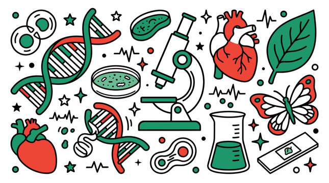 Biology and medical concept icons with dna, heart and microscope for infographic design in outline style