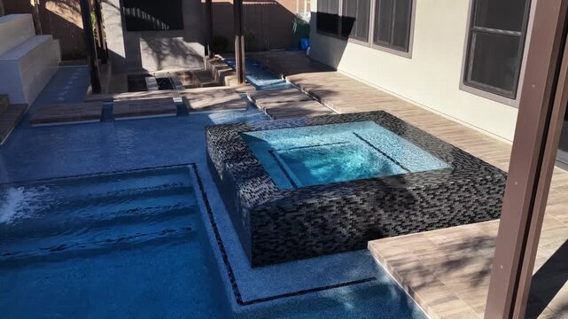 Modern luxury hot tub and swimming pool with stone mosaic tiles in 4K