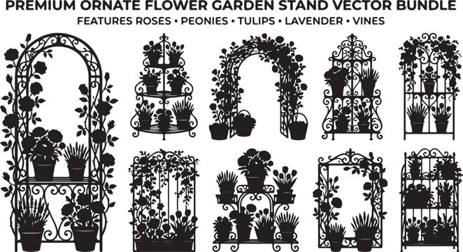 Ornate flower garden stand and archway silhouettes with roses and vines vector illustration for decorative design projects