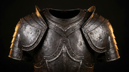Fototapeta premium The ancient warrior's armor chest plate shines with metallic sheen and weathered battle marks.