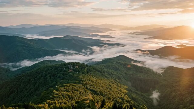 Majestic sunrise illuminates rolling green mountain landscape with thick clouds blanketing serene valleys below at dawn.