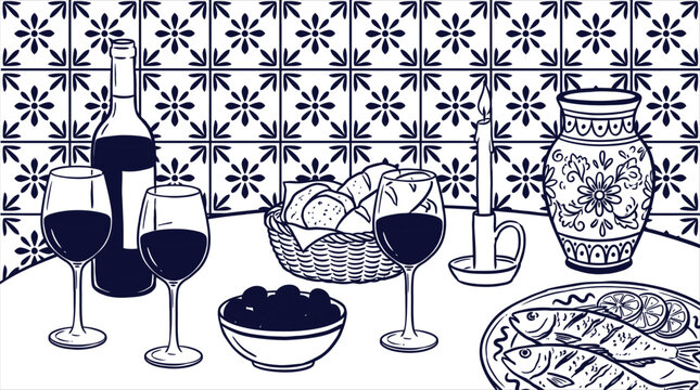Mediterranean dinner table setting with wine, grilled fish, olives, and bread in a classic blue and white vector illustration style