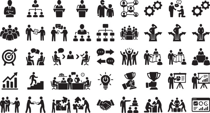 Set of black business and management icons featuring leadership teamwork strategy and corporate communication vector illustration