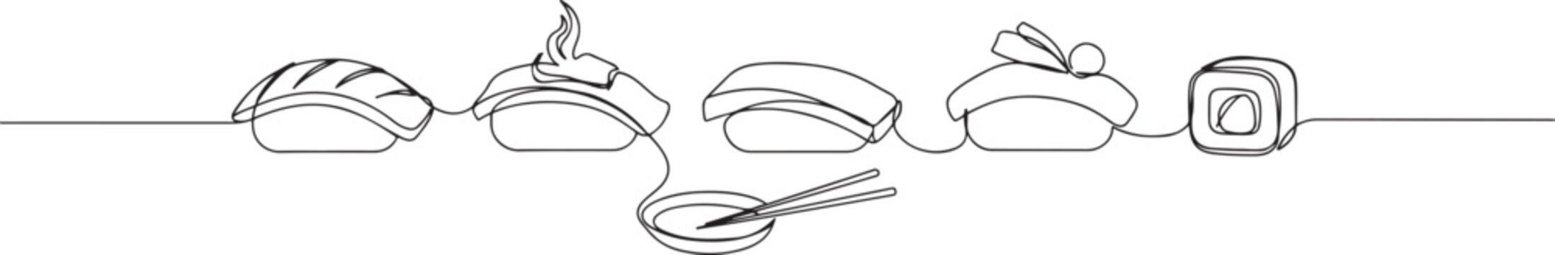 Sushi set, salmon nigiri, Aburi nigiri, tuna nigiri, Avocado one line art. Continuous line drawing of sushi, japanese, food, roll, japan, asian, sea. one line Icon drawing