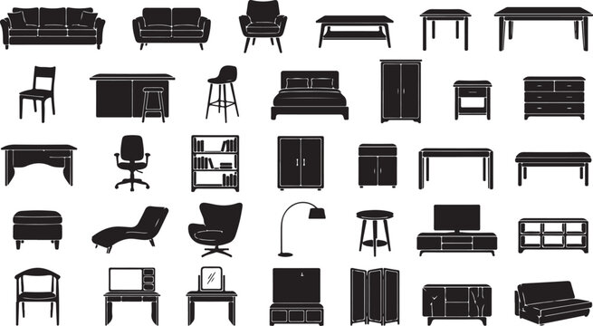 Furniture silhouette collection featuring various home and office interior items in a flat black vector graphic set