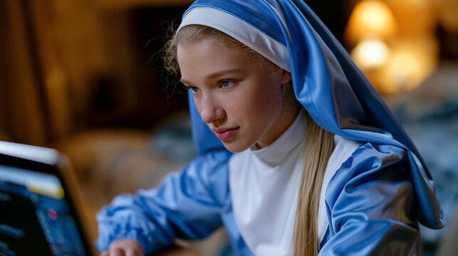 Young woman in contemporary habit using video call to discuss community discernment with religious order leadership, modern convent vocation digital communication Catholic sisterhood evolving monast