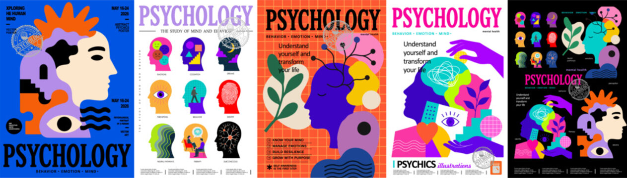 Psychology and psychiatry. Vector abstract illustration of mental health, emotions, therapy, behavior, and head and hand silhouettes for a psychologist consultation poster, background, design, flyer, 