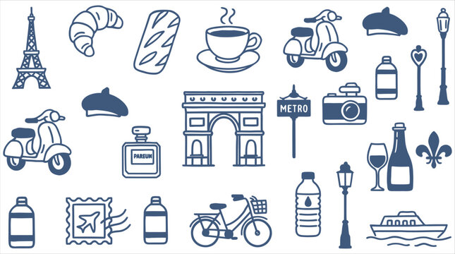 Collection of Blue Outline French Culture and Paris City Sightseeing Travel Icons Vector Illustration