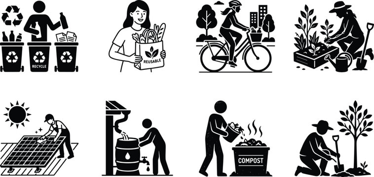 Eco friendly lifestyle icon set featuring recycling composting solar energy gardening and zero waste concepts isolated on white background
