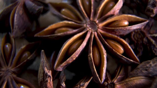 Star Anise spice (Illicium verum). Natural aromatherapy ingredient. Macro food industry texture.