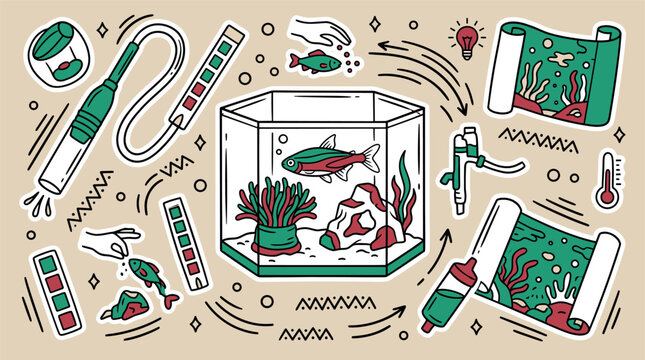 Aquarium and fishkeeping design icons with fish, water tester and aquarium plants for infographic design style