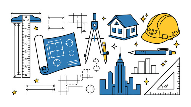 Architecture and construction design icons with blueprint, ruler and safety helmet for building project design in vector art