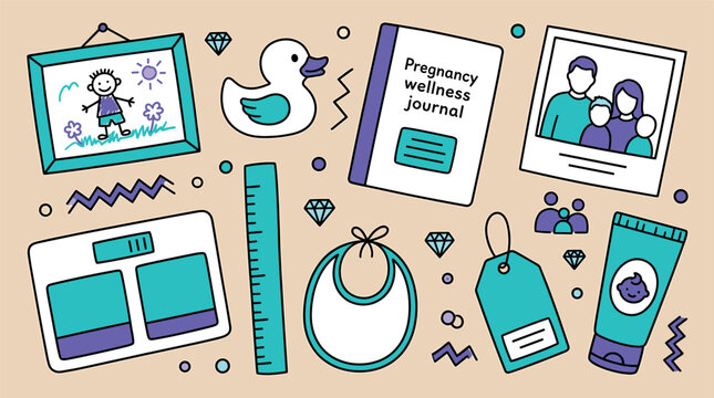family and pregnancy UI elements with baby bib, wellness journal and baby scale for mobile app design in colorful illustration