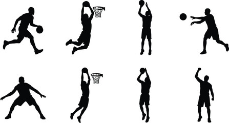 Basketball players vector silhouettes set featuring athletes dribbling, dunking, shooting jump shots, passing, and playing defense on a white background © SHEMA