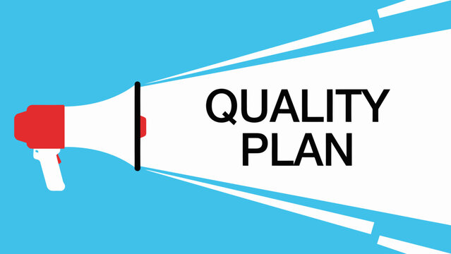 Megaphone announcing quality plan on blue background with white lines