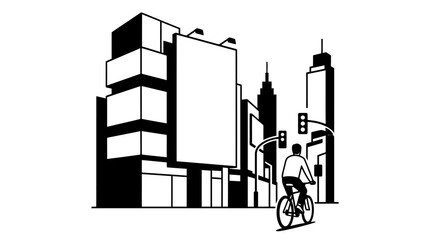 Obraz premium Black and white illustration of a cyclist riding in a modern city.