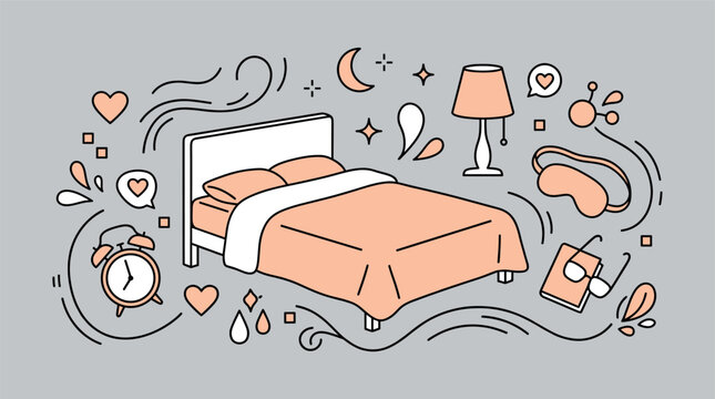 Sleep and relaxation design icons with bed, alarm clock and lamp for mobile app design in minimal outline style
