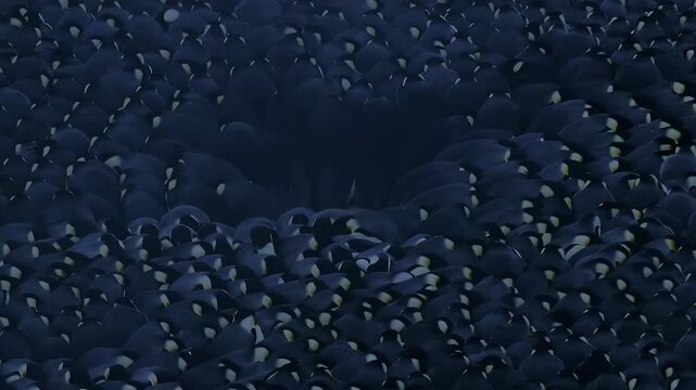 A vast colony of penguins huddles together in a dense, dark environment