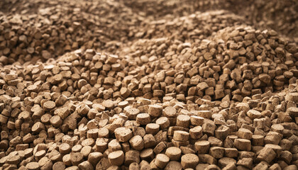 Naklejka premium Abundant pile of small brown cylindrical wooden pellets creating a rhythmic wave-like landscape texture with renewable background cylinder industrial sustainable material compressed