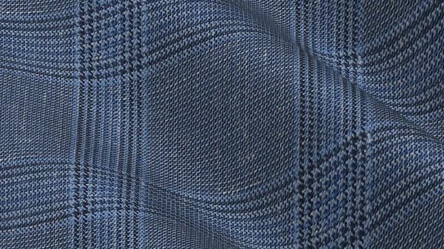 Italian Blue Glen Plaid Wool Linen Silk Fabric draping in elegant royal waves of sophisticated check geometry and luxury summer blend texture