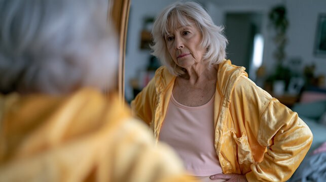 Older woman in comfortable clothes standing before a full-length mirror in a modest bedroom, hands on hips, studying her own reflection with a calm unapologetic expression, the private moment of acc