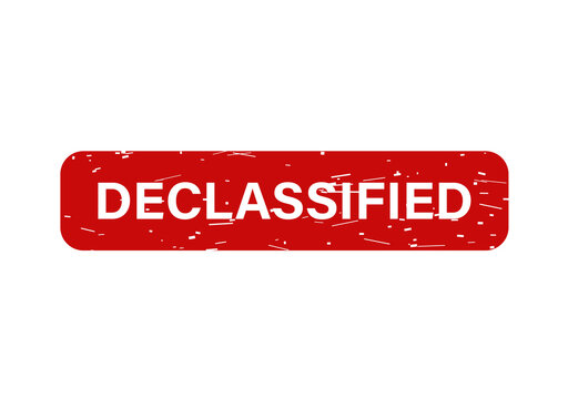 Bold red declassified stamp with distressed edges isolated on transparent background