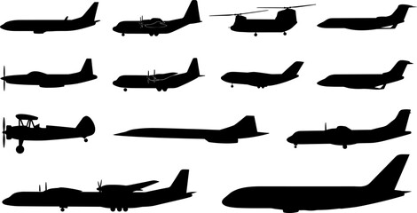 Aircraft and airplane side view silhouette vector set including helicopter passenger jet and military transport planes © Bulbuli