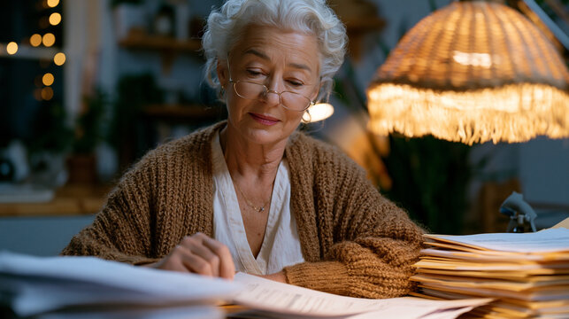 Retired accountant in cardigan seated at kitchen table reviewing part-time tax consulting paperwork, reading glasses perched on nose, warm lamp glow on organized folders, calm purposeful expression 
