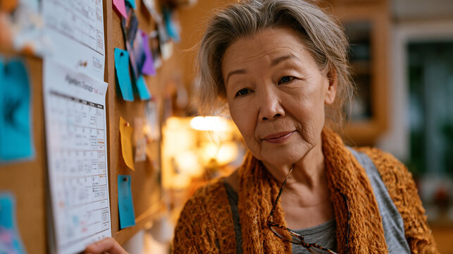 Retired nurse reviewing a part-time hospice volunteer schedule on a printed calendar pinned to a corkboard, reading glasses hanging from her collar, warm kitchen light behind her, purposeful express