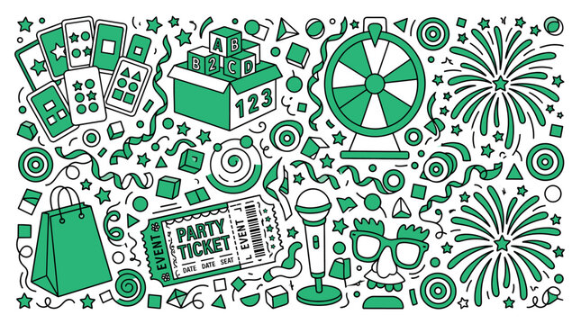 Party and celebration design icons with ticket, microphone and fireworks for event marketing in colorful illustration