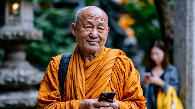 Senior monk welcoming smartphone-using tourist respectfully at monastery gate, contrast tradition contemporary monastic hospitality heritage site spiritual tourism encounter modern life boundary sac