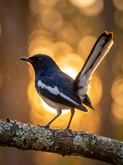 Obraz premium Backlit Oriental Magpie-Robin with Warm Bokeh Background