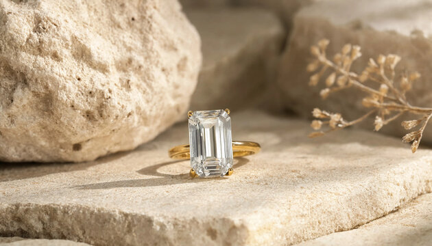 Luxury engagement ring with an emerald cut diamond sitting on natural textured stone background engagement gemstone accessory precious preciousness brilliant solitaire expensive