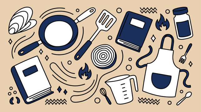 Cooking and kitchen utensils vector icons with frying pan, spatula and apron for recipe app design in flat minimal style