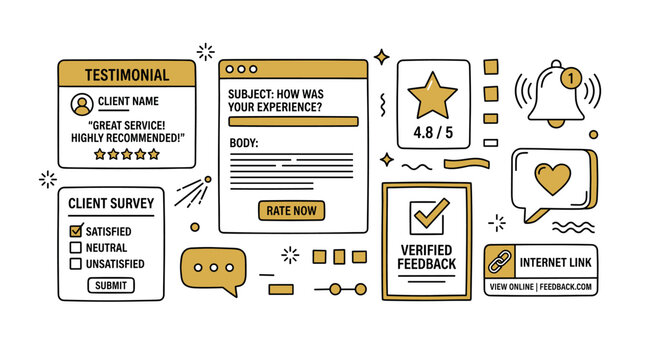Customer feedback and rating vector icons with testimonial, star rating and survey for marketing design in minimal outline style