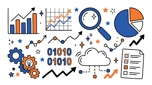 Data analysis and technology concept icons with magnifying glass, cloud and charts for business dashboard design in outline icon style