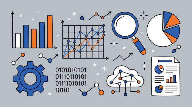Data analytics and business design icons with graphs, magnifying glass, cloud for business report infographic in flat vector art