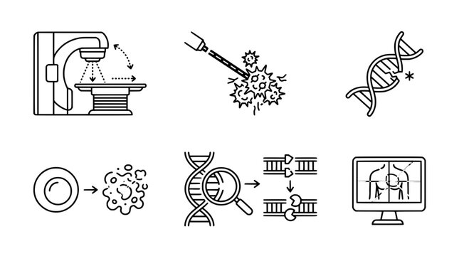 Radiation therapy and oncology vector icon set. Linear accelerator, brachytherapy cancer treatment, DNA damage and repair mechanism, tumor targeting, and radiotherapy planning interface line icons.