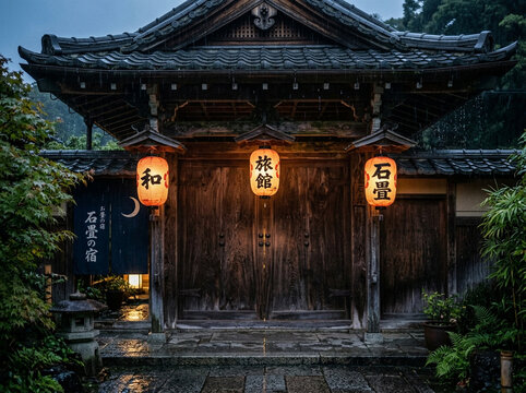 Traditional Japanese Ryokan Entrance with Paper Lanterns in Rain