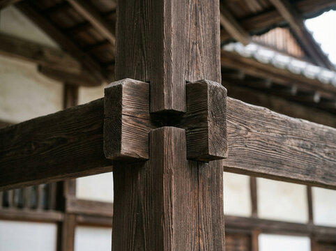 Traditional Japanese Wood Joinery Detail of Temple Beam Structure